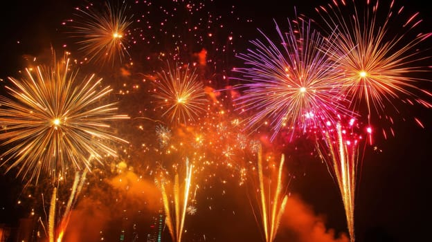 Bright fireworks light up the dark sky creating a vibrant display during a festive celebration in the evening.