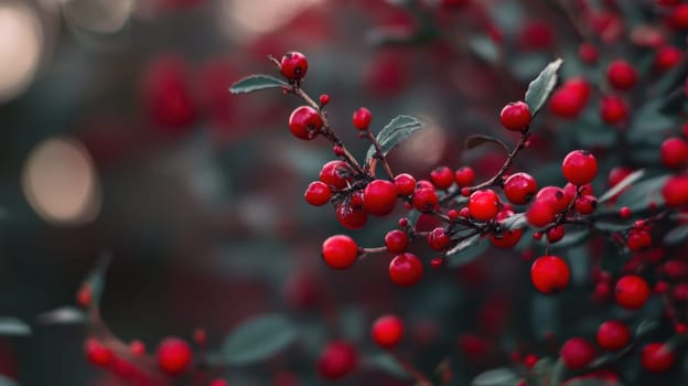 Bright clusters of red berries adorn a leafy shrub creating a striking contrast against the green foliage in natural surroundings.