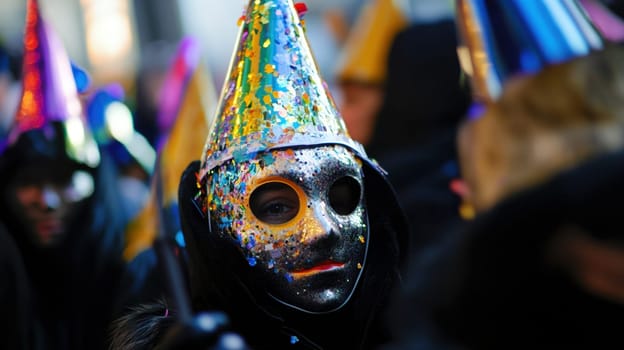 A person wearing a glittery mask and colorful party hat participates in a lively celebration at night surrounded by fellow revelers.