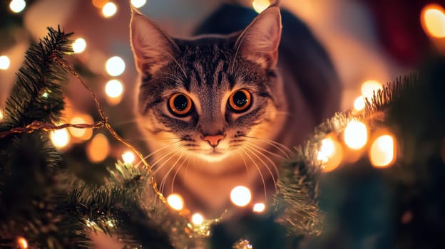 A playful cat investigates a Christmas tree adorned with glowing lights creating a festive and whimsical atmosphere during the holidays.