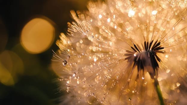 Morning light illuminates a dandelion coated with dew showcasing its delicate structure and glittering water droplets.