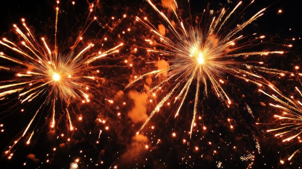 Bright fireworks burst in various colors above the crowd creating a festive atmosphere during a nighttime celebration.