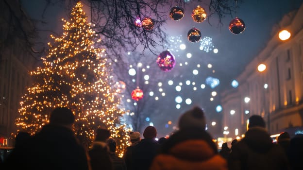 People gather in the city park to enjoy a festive Christmas celebration with a beautifully lit tree and colorful fireworks illuminating the night.
