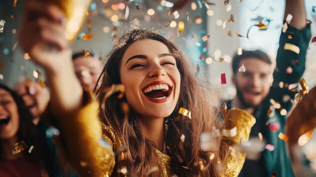 A happy group of friends celebrates together throwing confetti while one woman smiles widely radiating joy and excitement in the moment.