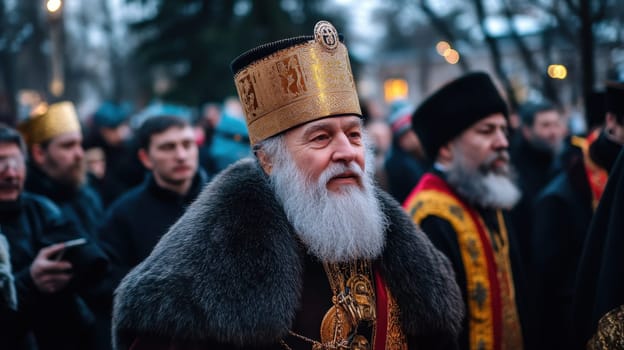 A group participates in a winter religious procession with a distinguished figure wearing traditional garb and a fur lined hat leading the way.