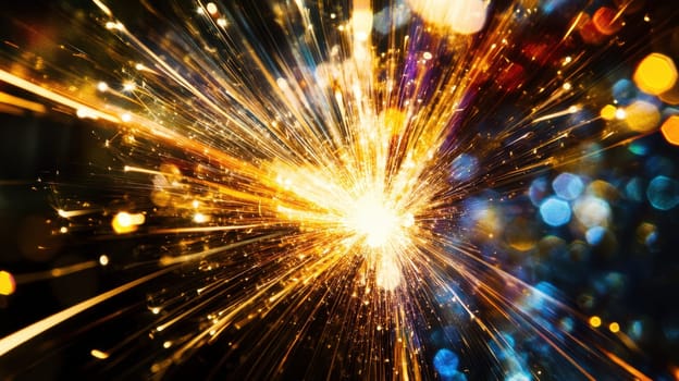 A burst of colorful sparks illuminates a dark background creating a dynamic display of light and energy evoking a festive atmosphere.