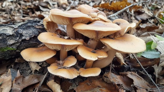 Clusters of orange mushrooms thrive on the forest floor surrounded by fallen leaves during the vibrant autumn season.