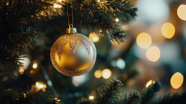A gold ornament with glitter hangs delicately on a Christmas tree surrounded by glowing lights creating a warm holiday atmosphere.