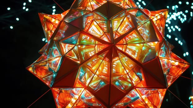 A colorful lantern shines brightly in the night showcasing intricate designs and vibrant lights creating a festive atmosphere outdoors.