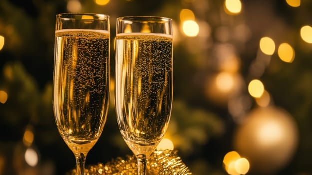 Two glasses filled with sparkling beverage are clinking together surrounded by festive decorations and soft glowing lights during a celebration.