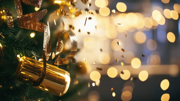 Gold confetti falls around sparkling decorations on a Christmas tree creating a festive atmosphere for winter celebrations indoors.