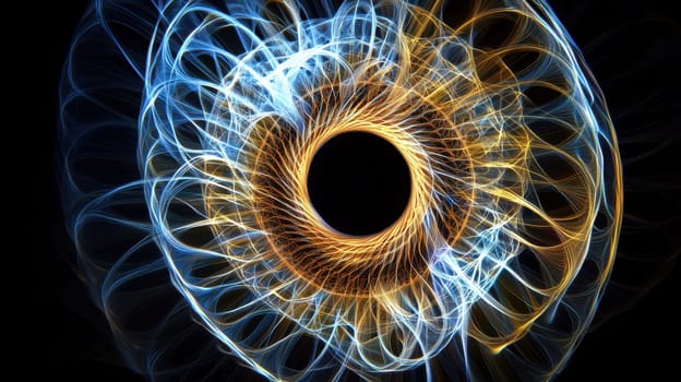 A mesmerizing swirl of blue and gold light patterns dances on a deep black background.
