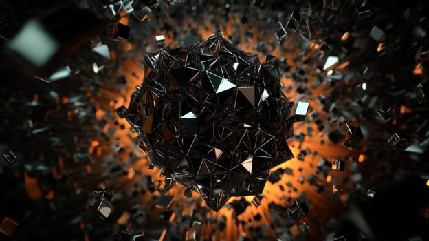 An explosion of black geometric shapes creates a mesmerizing visual effect against a warm glowing backdrop evoking a sense of movement.