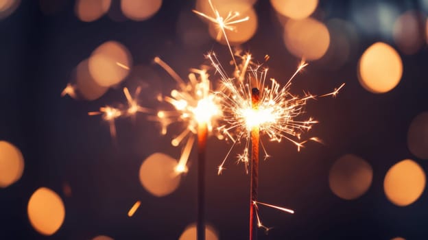 Two sparklers emit bright sparks against a blurred background of glowing lights creating a festive atmosphere during a nighttime celebration.