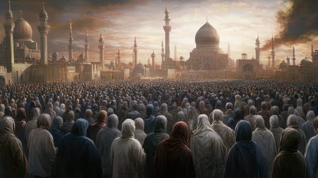 A large crowd in prayer gathers at a historic mosque during sunset creating a spiritual atmosphere of devotion and unity.