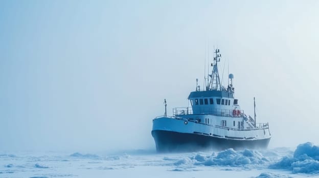 A tugboat makes its way through a frozen landscape battling ice and cold weather conditions during winter.