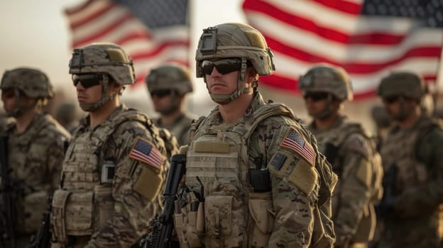 Troops in military uniforms stand in formation with flags behind them showcasing unity and discipline during a ceremonial event.