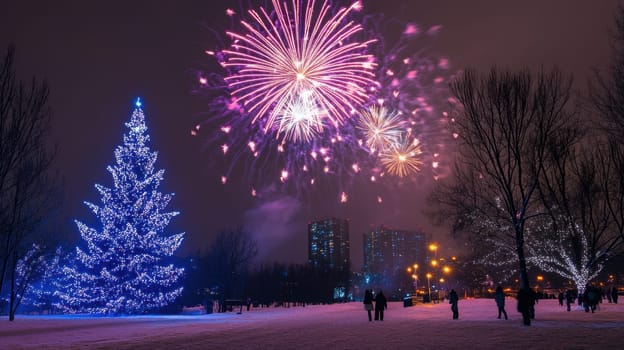 Colorful fireworks burst above a snowy park with a decorated tree and people enjoying the festive atmosphere during winter celebrations.