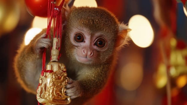 A young monkey curiously interacts with a shiny ornament hanging indoors surrounded by vibrant decorations during a festive event.