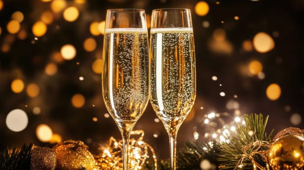 Two elegant champagne flutes filled with sparkling beverage stand amid festive decorations capturing a joyful celebration atmosphere.