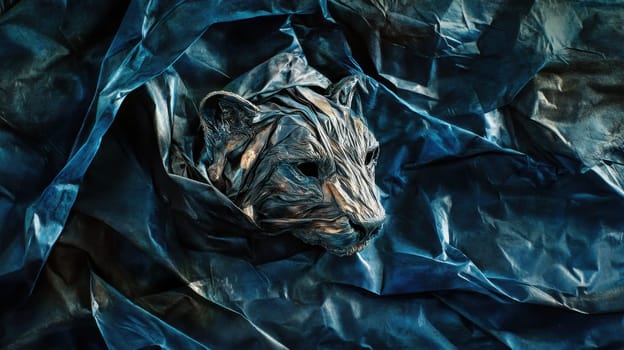 A meticulously crafted tiger head emerges from shadows blending beautifully with the dark crumpled fabric surrounding it.