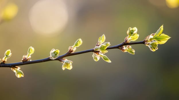 New leaves are emerging on a slender branch illuminated by soft sunlight in a serene spring setting showcasing natures renewal.