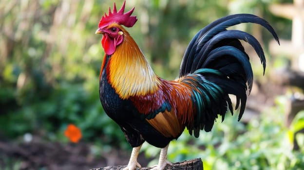 A vibrant rooster displays its striking plumage while perched on a log surrounded by lush greenery in a serene outdoor setting.