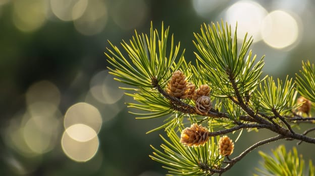 A vibrant pine branch displays fresh green needles and small pine cones illuminated by soft daylight and shimmering background bokeh.
