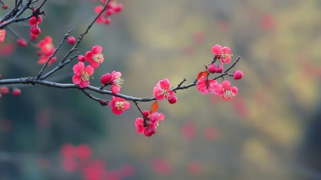 Delicate pink blossoms adorn a tree branch signaling the arrival of spring in a serene natural environment filled with soft hues.