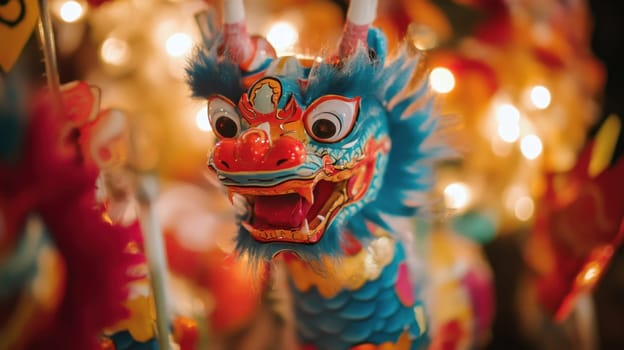 A colorful dragon decoration captures attention at a vibrant festival showcasing intricate details amidst a backdrop of festive lights.