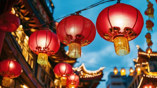 Red lanterns hang across a bustling market street during twilight creating an enchanting atmosphere filled with culture and excitement.