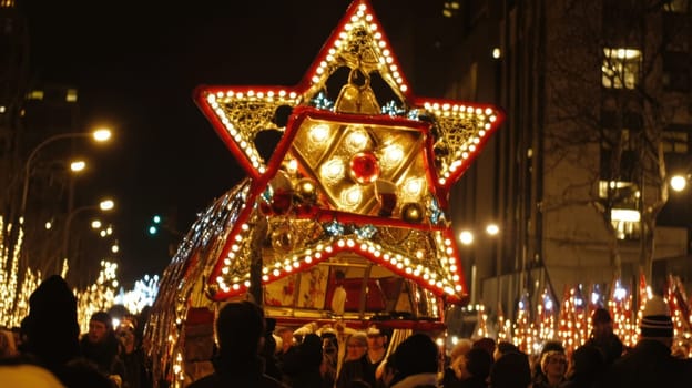 A lively parade showcasing a brightly lit star themed float surrounded by cheering crowds in a bustling urban setting during evening festivities.