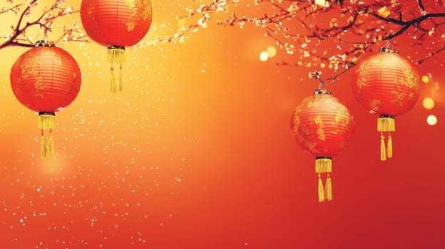 Red lanterns hang delicately against a warm orange backdrop creating a festive atmosphere for a cultural celebration.