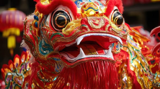 A colorful lion dance performance showcases detailed costumes and dynamic movements at a local festival celebration.