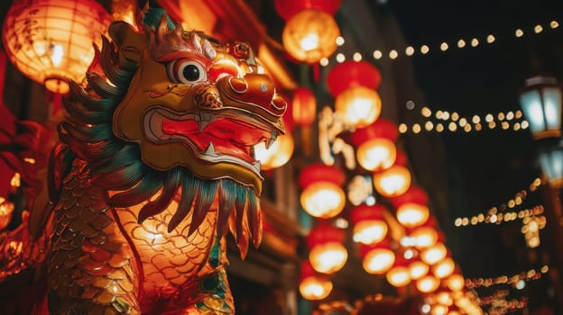 A vibrant dragon statue stands illuminated among numerous lanterns at a festive night celebration creating a lively atmosphere.