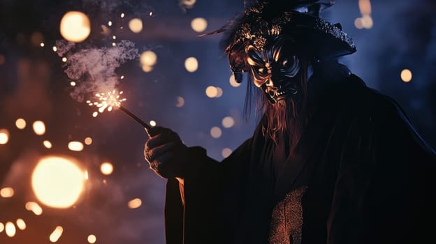 A performer in traditional attire ignites a sparkler at night surrounded by glowing lights and an enchanting atmosphere of celebration.
