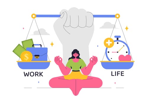 Work Life Balance Vector Illustration of a Person Balancing Job, Family and Leisure Activities in a Multitasking Flat Style Cartoon Background