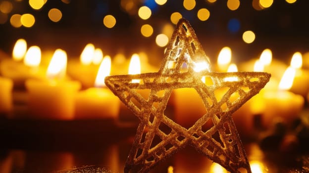 A decorative star made of glitter stands in front of softly glowing candles creating a cozy and festive atmosphere.