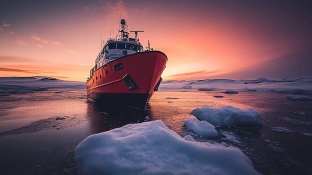 A vibrant red boat glides through icy waters under a stunning sunset sky in the Arctic. Icebergs surround the vessel as day fades.