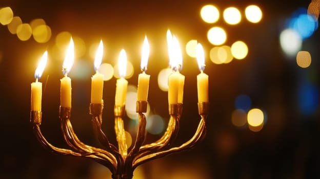 A beautifully lit menorah stands tall with numerous candles flickering warmly during a celebratory evening.