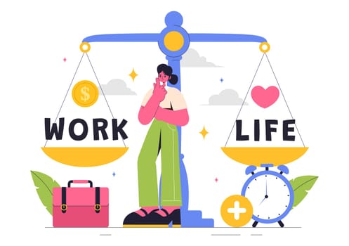 Work Life Balance Vector Illustration of a Person Balancing Job, Family and Leisure Activities in a Multitasking Flat Style Cartoon Background