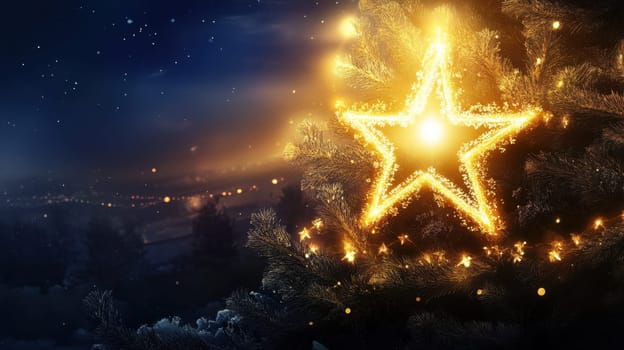 A beautifully lit star adorns a Christmas tree shining brightly against a dark night sky enhancing the festive atmosphere and holiday spirit.