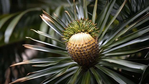 A remarkable plant displays its spiky fruit among lush green palm leaves in a vibrant tropical garden during the day.