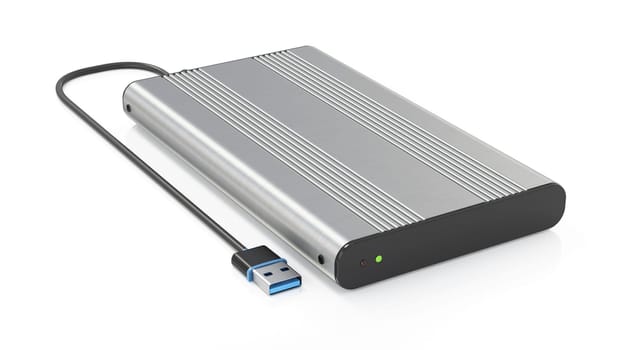 External storage unit with USB cable isolated on white background. 3D illustration.
