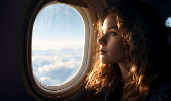Beautiful brunette woman focused on the sky as she gazes out of the airplane window during a flight. The image evokes reflection, travel, and tranquility during an air journey.
