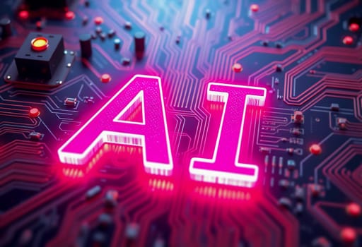 Image of a printed circuit board with an illuminated AI sign in the center, symbolizing artificial intelligence and technological innovation. Represents the future of AI and advanced electronics.