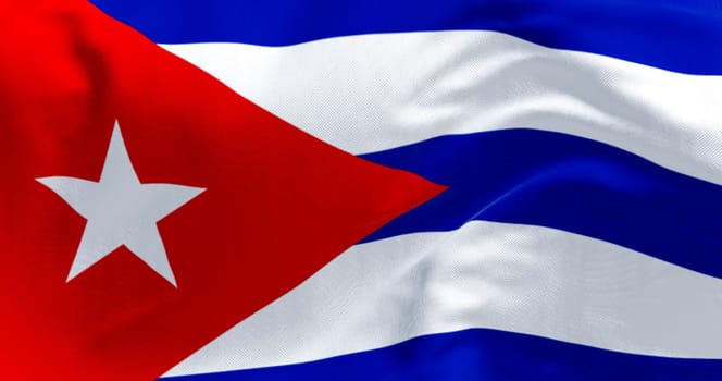Close-up of Cuba national flag waving in the wind. Five blue and white stripes, a red triangle at the hoist with a white star. Latin american country. 3d illustration render. Fluttering fabric.
