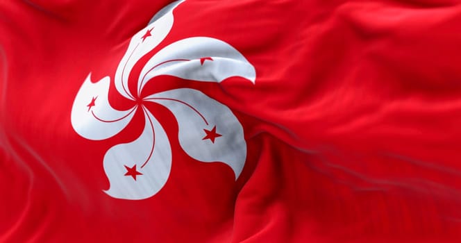 Close-up of Hong Kong flag waving. Red field with a white, stylized, five-petal Hong Kong orchid tree flower. 3d illustration render. Rippling fabric. Textured textile background