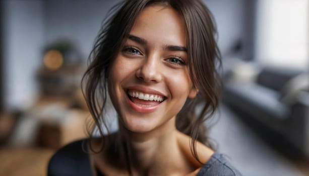 A young brunette woman smiling with a joyful expression indoors. The image captures her natural beauty and positive energy, conveying happiness and warmth in a casual setting.