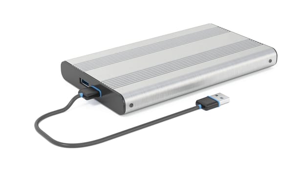 External storage unit with USB cable isolated on white background. 3D illustration.